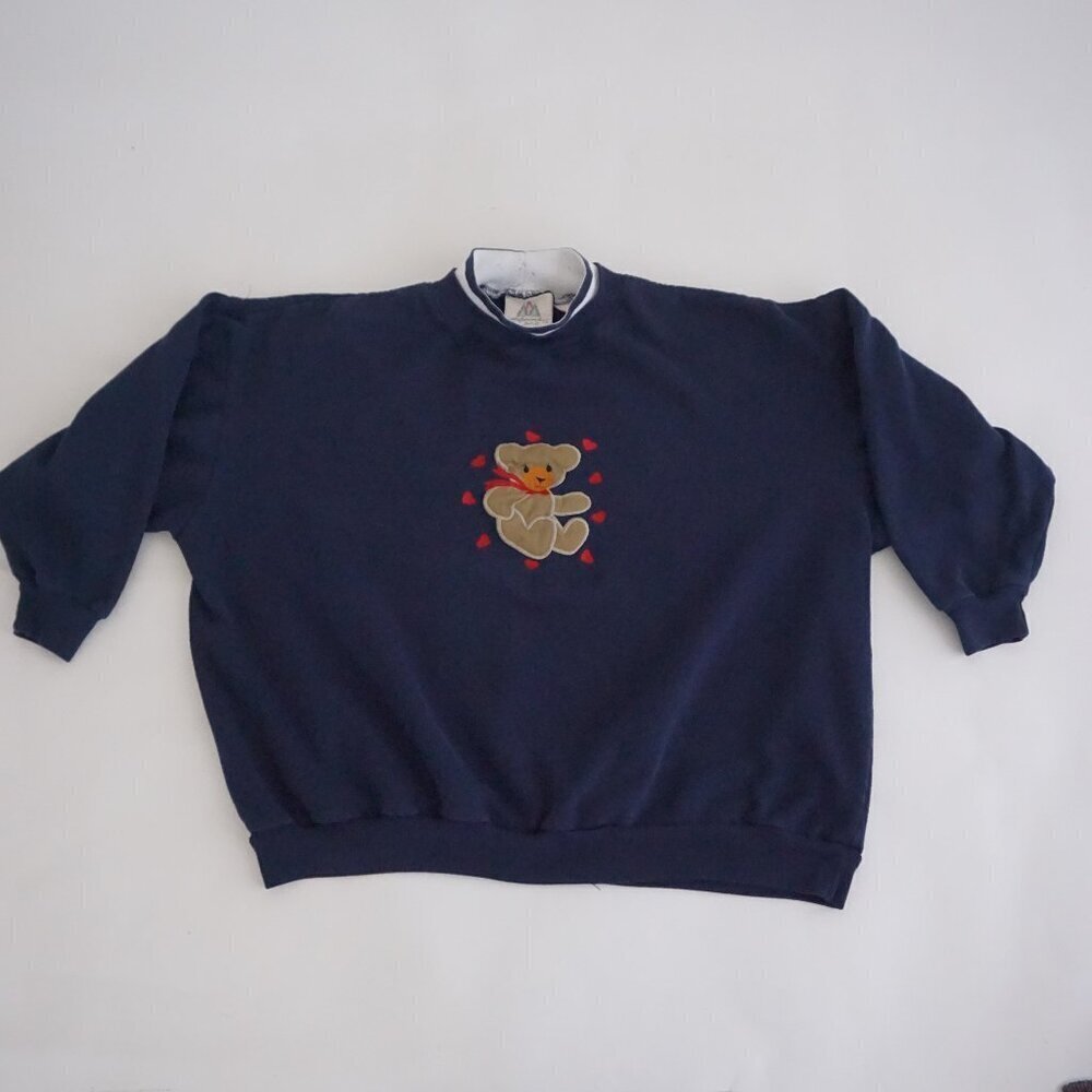 Vintage Alpine Express Navy Teddy Bear Heart Sweatshirt Cabincore Retro XL